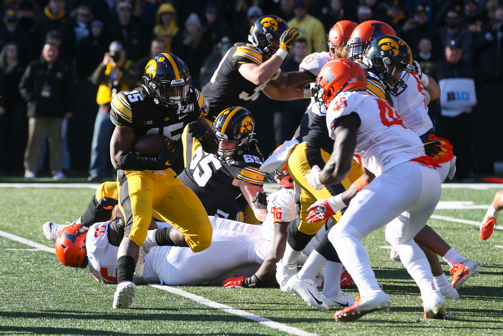 Iowa Hawkeyes running back Tyler Goodson (15) during Iowa football vs Illinois on Saturday, November 23, 2019 at Kinnick Stadium. (Lily Smith/hawkeyesports.com)