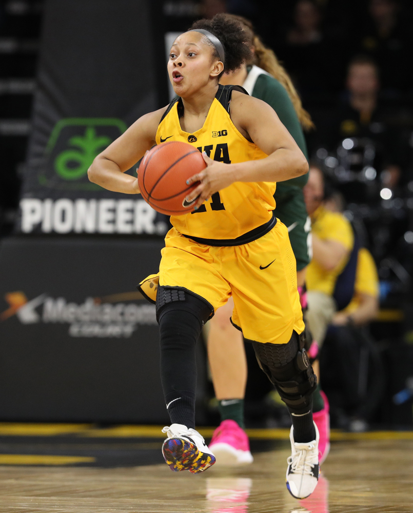 Iowa Hawkeyes guard Tania Davis (11) against the Michigan State Spartans Thursday, February 7, 2019 at Carver-Hawkeye Arena. (Brian Ray/hawkeyesports.com)