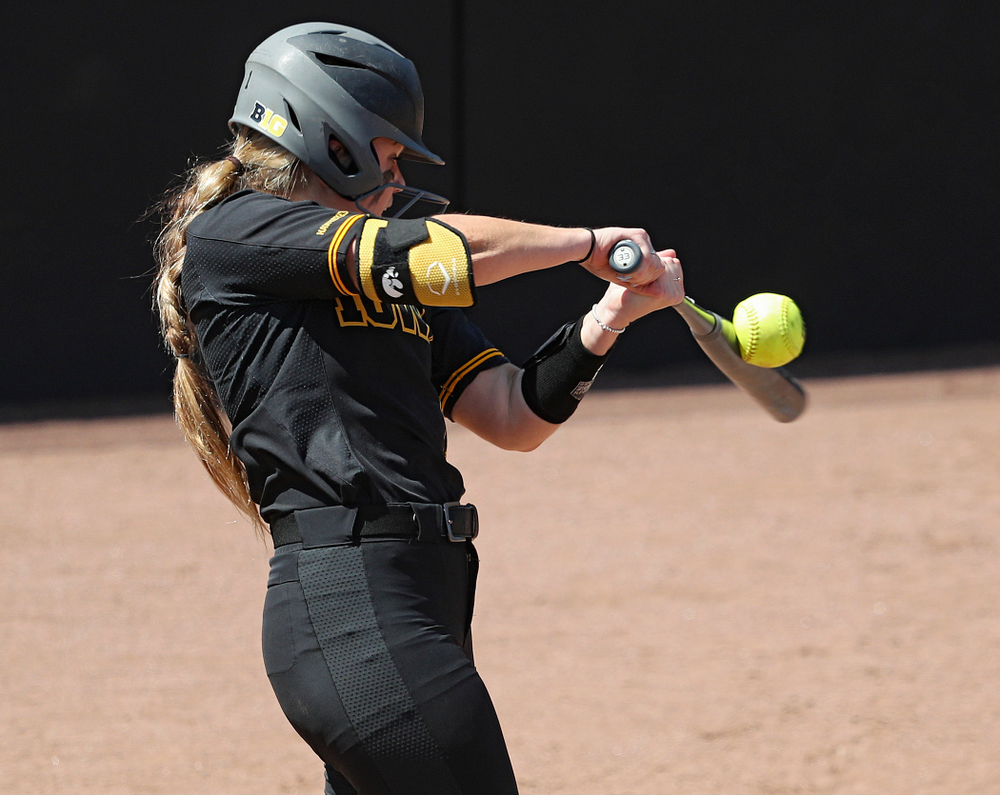 Iowa right fielder Cameron Cecil (1) bats during the third inning of their game against Ohio State at Pearl Field in Iowa City on Saturday, May. 4, 2019. (Stephen Mally/hawkeyesports.com)