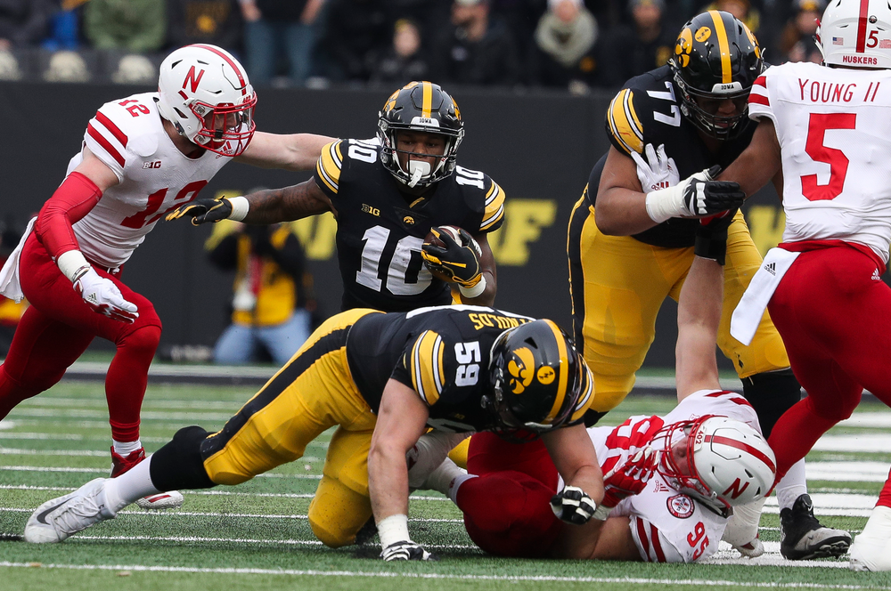 Iowa Hawkeyes running back Mekhi Sargent (10) runs the ball during a game against Nebraska at Kinnick Stadium on November 23, 2018. (Tork Mason/hawkeyesports.com)
