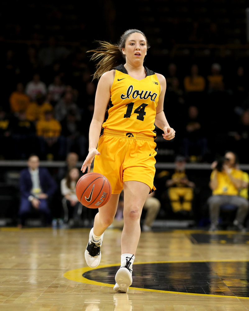 Iowa Hawkeyes forward McKenna Warnock (14) against the Minnesota Golden Gophers Thursday, February 27, 2020 at Carver-Hawkeye Arena. (Brian Ray/hawkeyesports.com)