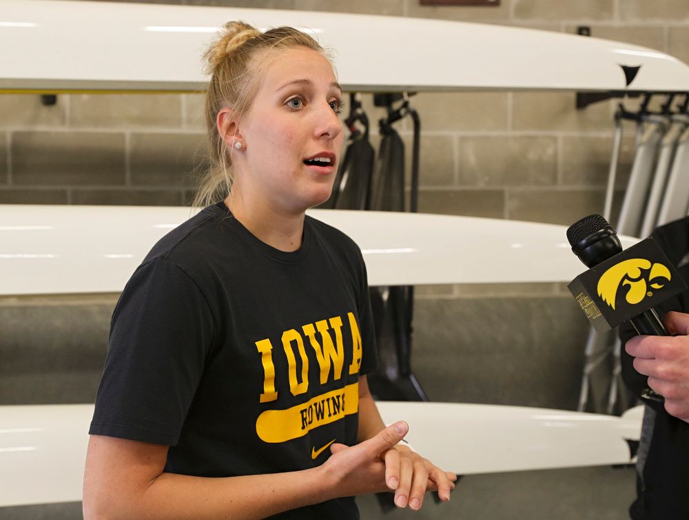 Iowa's Rachel Canon answers a question during media availability at the P. Sue Beckwith, M.D., Boathouse in Iowa City on Wednesday, Apr. 10, 2019. (Stephen Mally/hawkeyesports.com)
