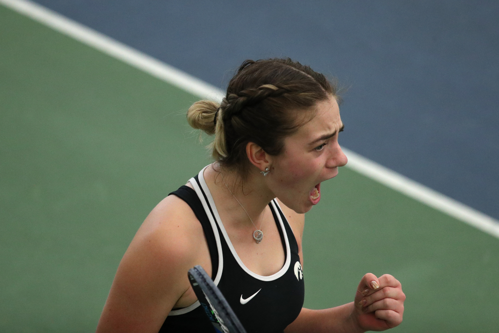 Iowa's Sophie Clark against the Penn State Nittany Lions Sunday, February 24, 2019 at the Hawkeye Tennis and Recreation Complex. (Brian Ray/hawkeyesports.com)