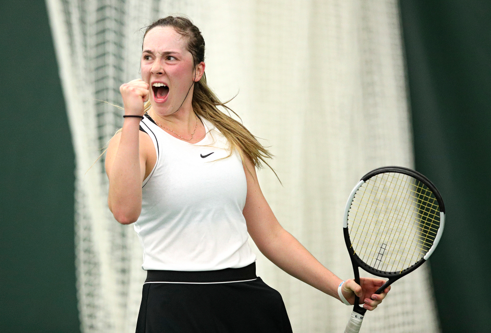 Iowa’s Samantha Mannix during her singles match at the Hawkeye Tennis and Recreation Complex in Iowa City on Sunday, February 16, 2020. (Stephen Mally/hawkeyesports.com)