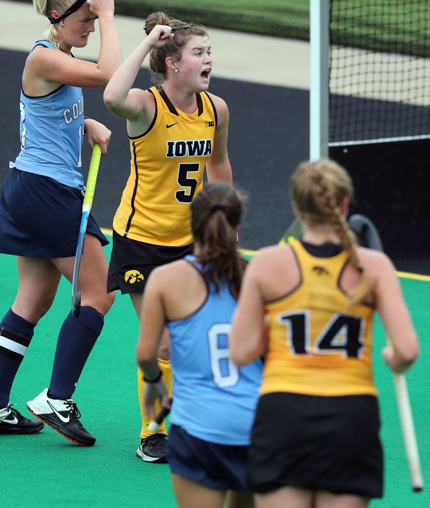 Iowa Hawkeyes Meghan Conroy (5) celebrates a goal against Columbia Sunday, September 8, 2019 at Grant Field. (Brian Ray/hawkeyesports.com)