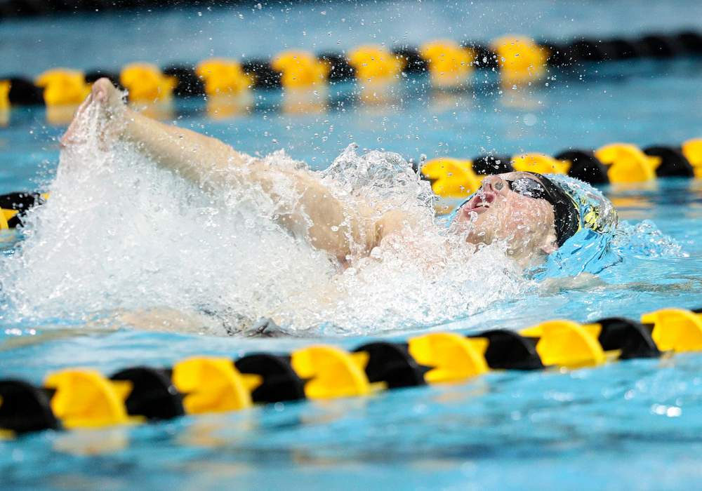 Iowa’s John Colin swims the backstroke section of the men’s 200-yard medley relay event during their meet against Michigan State and Northern Iowa at the Campus Recreation and Wellness Center in Iowa City on Friday, Oct 4, 2019. (Stephen Mally/hawkeyesports.com)
