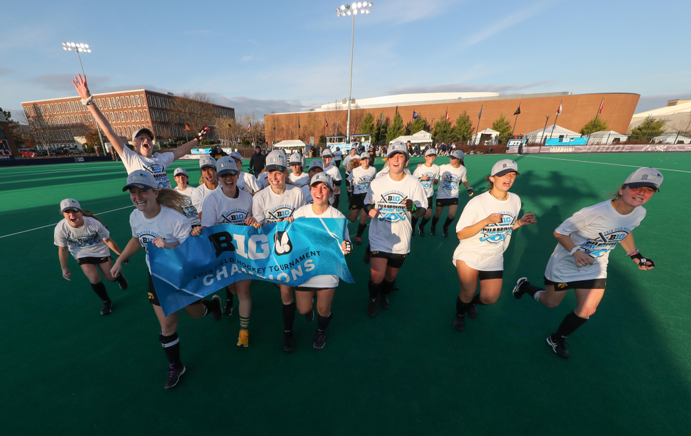 The Iowa Hawkeyes celebrate their victory over Penn State in the 2019 Big Ten Field Hockey Tournament Championship Game Sunday, November 10, 2019 in State College. (Brian Ray/hawkeyesports.com)