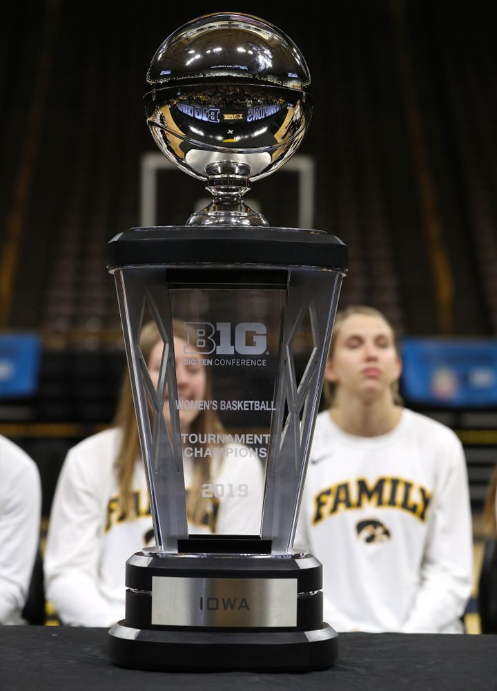 The Big Ten Championship trophy during a celebration of their Big Ten Women's Basketball Tournament championship Monday, March 18, 2019 at Carver-Hawkeye Arena. (Brian Ray/hawkeyesports.com)