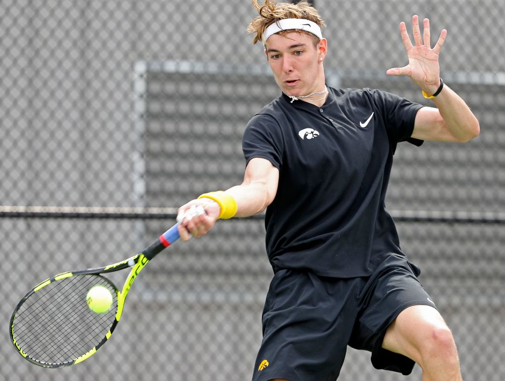 Iowa's Nikita Snezhko competes during a match against Ohio State at the Hawkeye Tennis and Recreation Complex in Iowa City on Sunday, Apr. 7, 2019. (Stephen Mally/hawkeyesports.com)