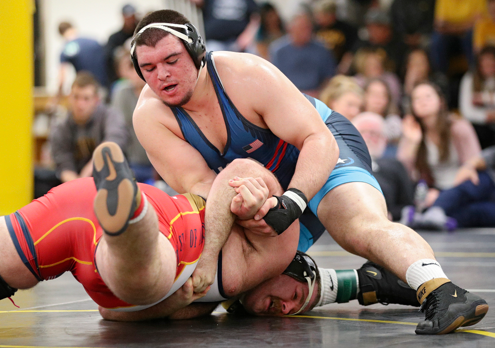 Iowa’s Tony Cassioppi (top) tries to turn Aaron Costello during their preseason match at the Dan Gable Wrestling Complex at Carver-Hawkeye Arena in Iowa City on Thursday, Nov 7, 2019. (Stephen Mally/hawkeyesports.com)