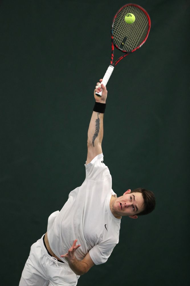 Iowa's Jonas Larsen against North Dakota Friday, January 25, 2019 at the Hawkeye Tennis and Recreation Complex. (Brian Ray/hawkeyesports.com)