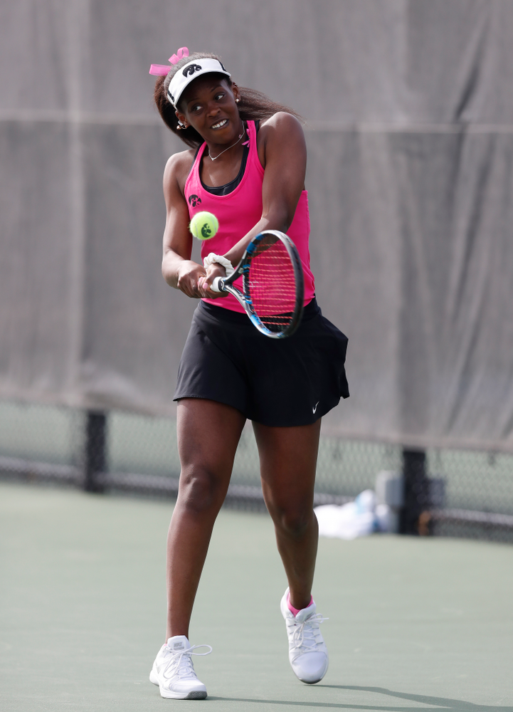 Adorabol Huckleby against Minnesota Friday, April 20, 2018 at the Hawkeye Tennis and Recreation Center. (Brian Ray/hawkeyesports.com)