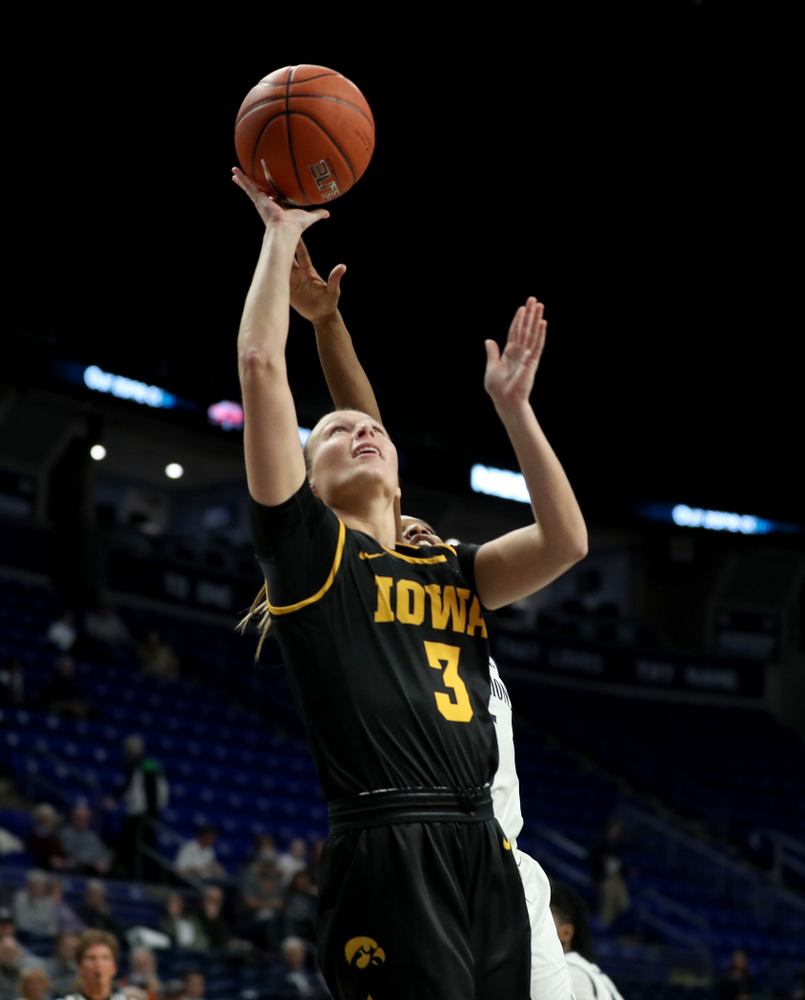 Iowa Hawkeyes guard Makenzie Meyer (3) against the Penn State Nittany Lions Thursday, January 30, 2020 at the Bryce Jordan Center. (Brian Ray/hawkeyesports.com)