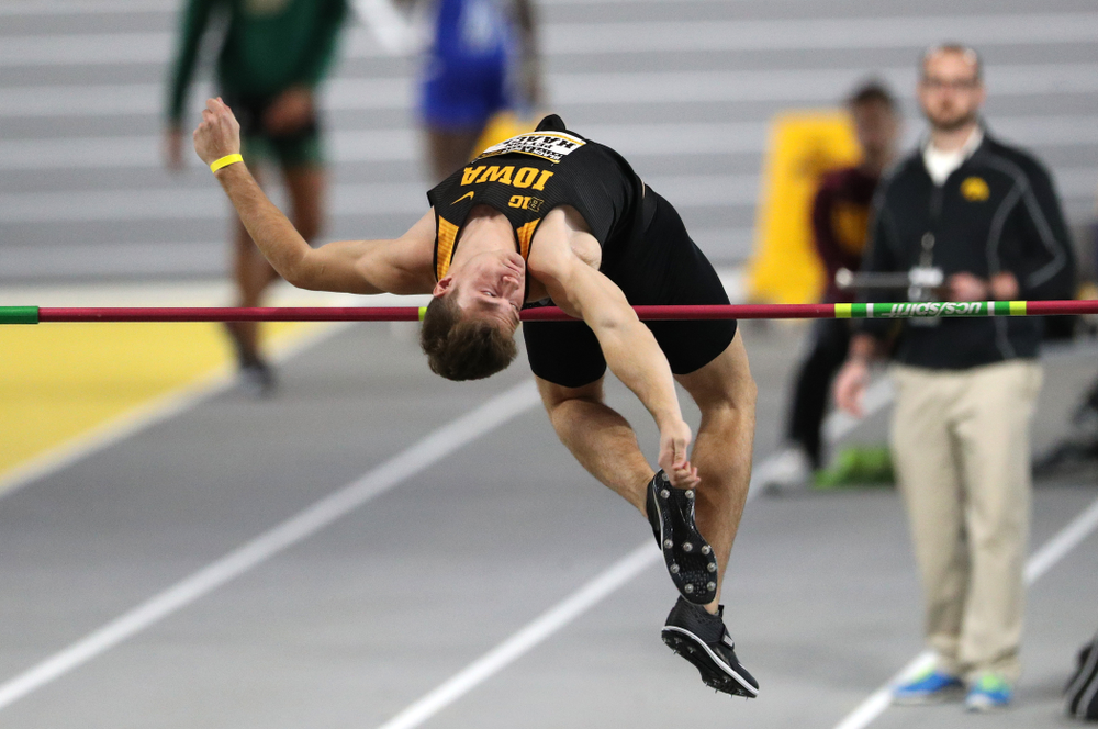 Peyton Haack competes in the high jump during the Black and Gold Premier meet Saturday, January 26, 2019 at the Recreation Building. (Brian Ray/hawkeyesports.com)