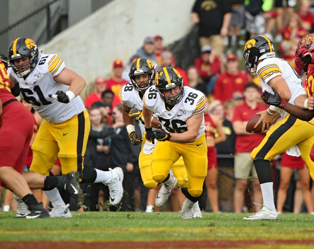 Iowa Hawkeyes fullback Brady Ross (36) looks to block during the first quarter of their Iowa Corn Cy-Hawk Series game at Jack Trice Stadium in Ames on Saturday, Sep 14, 2019. (Stephen Mally/hawkeyesports.com)