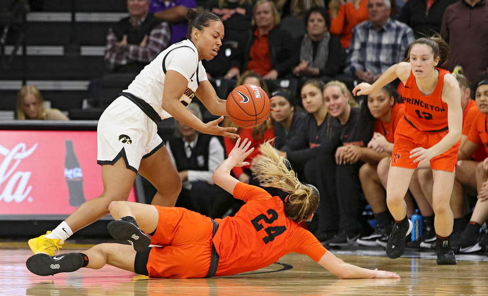 Iowa guard Alexis Sevillian (5) steals the ball away during overtime in their win against Princeton at Carver-Hawkeye Arena in Iowa City on Wednesday, Nov 20, 2019. (Stephen Mally/hawkeyesports.com)