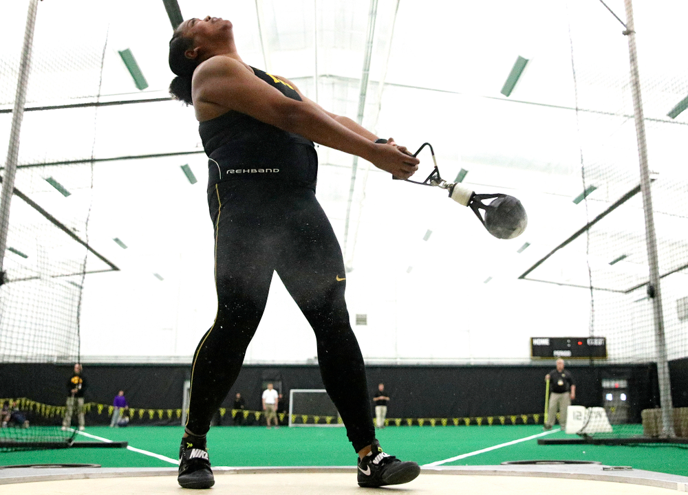 Iowa’s Laulauga Tausaga throws during the women’s weight throw event at the Hawkeye Tennis and Recreation Complex in Iowa City on Friday, January 31, 2020. (Stephen Mally/hawkeyesports.com)