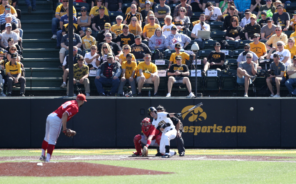 Iowa Hawkeyes Chris Whelan (28) singles against the Nebraska Cornhuskers Saturday, April 20, 2019 at Duane Banks Field. (Brian Ray/hawkeyesports.com)