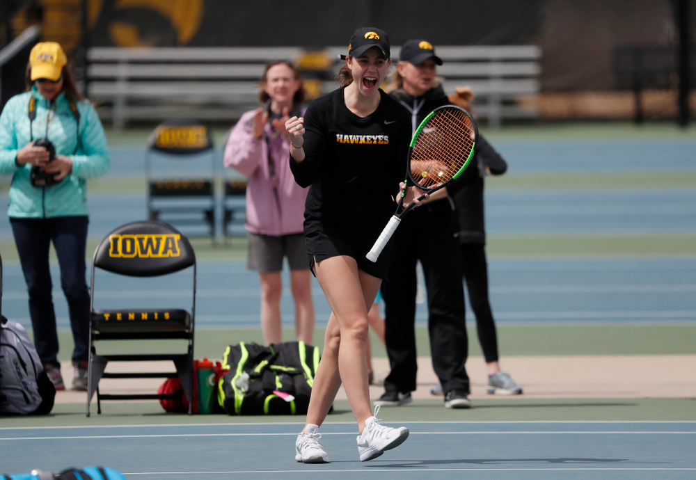 Elise Van Heuvelen and Anastasia Reimchen play a doubles match against the Wisconsin Badgers Sunday, April 22, 2018 at the Hawkeye Tennis and Recreation Center. (Brian Ray/hawkeyesports.com)