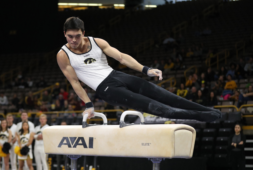 Iowa's Ethan Davis competes on the pommel horse against UIC and Minnesota Saturday, February 2, 2019 at Carver-Hawkeye Arena. (Brian Ray/hawkeyesports.com)