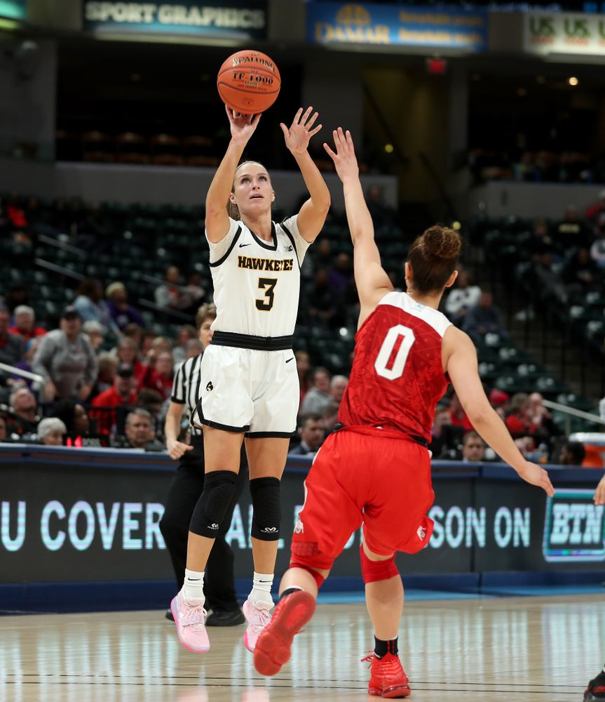 Iowa Hawkeyes guard Makenzie Meyer (3) against Ohio State in the quarterfinals of the Big Ten Basketball Tournament Friday, March 6, 2020 at Bankers Life Fieldhouse in Indianapolis. (Brian Ray/hawkeyesports.com)
