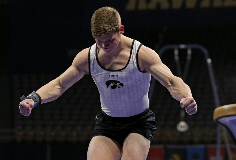 Iowa's Stewart Brown competes in the vault during the second day of the Big Ten Men's Gymnastics Championships at Carver-Hawkeye Arena in Iowa City on Saturday, Apr. 6, 2019. (Stephen Mally/hawkeyesports.com)