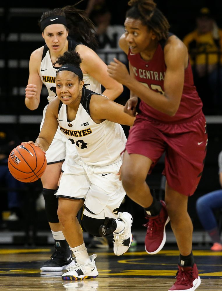 Iowa Hawkeyes guard Tania Davis (11) leads the break during a game against North Carolina Central at Carver-Hawkeye Arena on November 17, 2018. (Tork Mason/hawkeyesports.com)