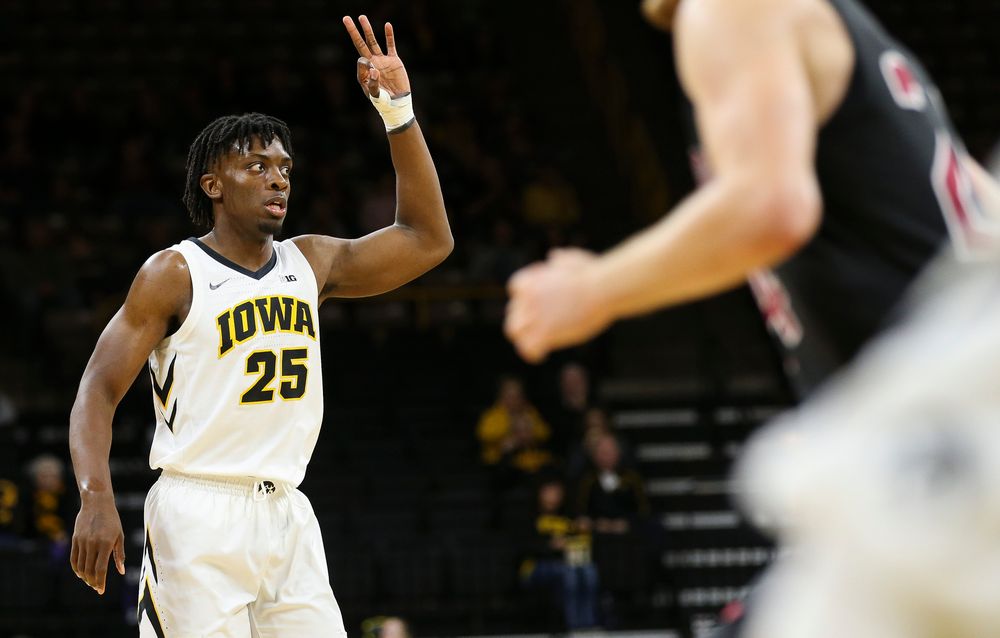 Iowa Hawkeyes forward Tyler Cook (25) reacts after hitting a 3-pointer during a game against Guilford College at Carver-Hawkeye Arena on November 4, 2018. (Tork Mason/hawkeyesports.com)
