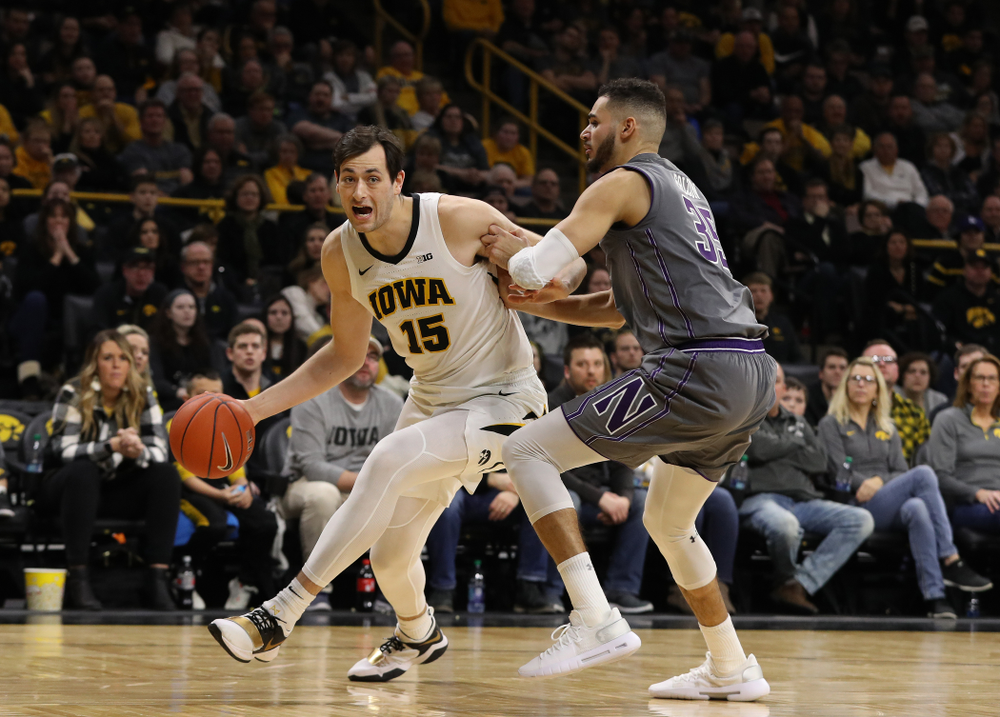 Iowa Hawkeyes forward Ryan Kriener (15) against the Northwestern Wildcats Sunday, February 10, 2019 at Carver-Hawkeye Arena. (Brian Ray/hawkeyesports.com)