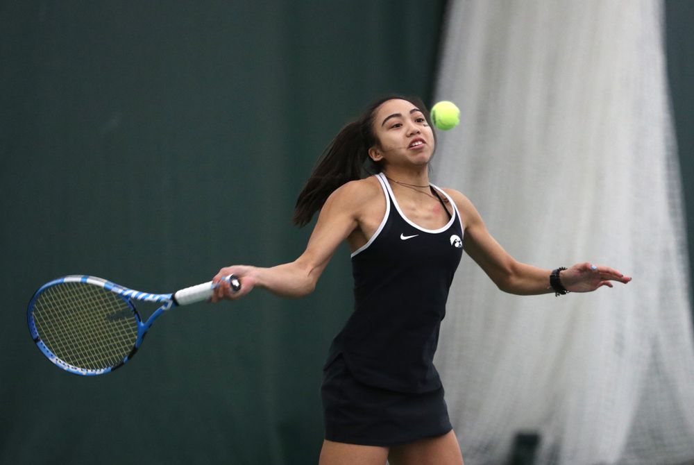 Iowa's Michelle Bacalla and Cloe Ruettte play a doubles match against the Penn State Nittany Lions Sunday, February 24, 2019 at the Hawkeye Tennis and Recreation Complex. (Brian Ray/hawkeyesports.com)