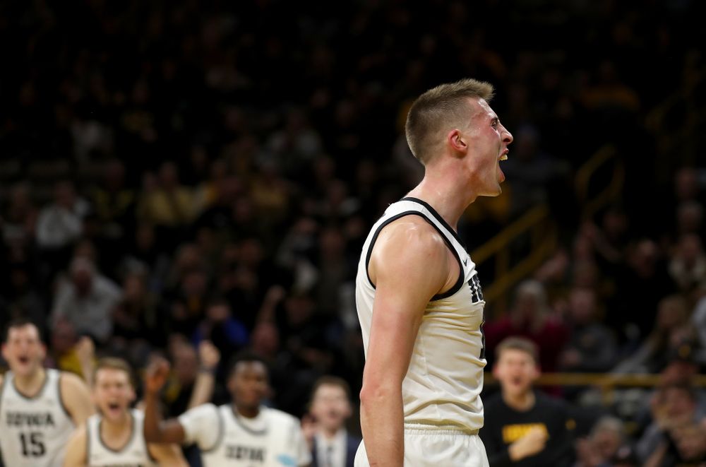 Iowa Hawkeyes guard Joe Wieskamp (10) celebrates after making a basket and drawing a foul against the Maryland Terrapins Friday, January 10, 2020 at Carver-Hawkeye Arena. (Brian Ray/hawkeyesports.com)