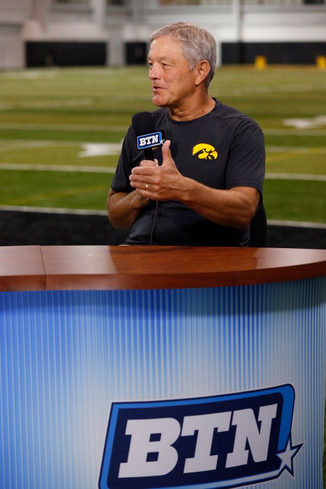 Iowa Hawkeyes head coach Kirk Ferentz on the Big Ten Network set Monday, August 20, 2018 at the Hansen Football Performance Center. (Brian Ray/hawkeyesports.com)