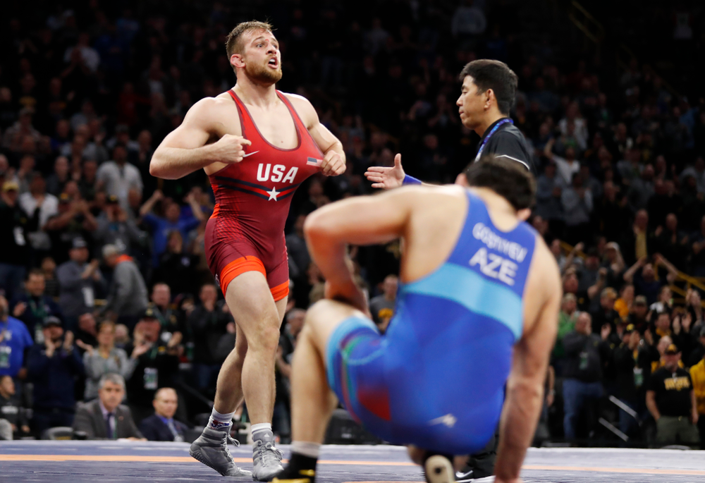 David Taylor during the gold medal match of the United World Wrestling Freestyle World Cup against Azerbaijan Sunday, April 8, 2018 at Carver-Hawkeye Arena. (Brian Ray/hawkeyesports.com)