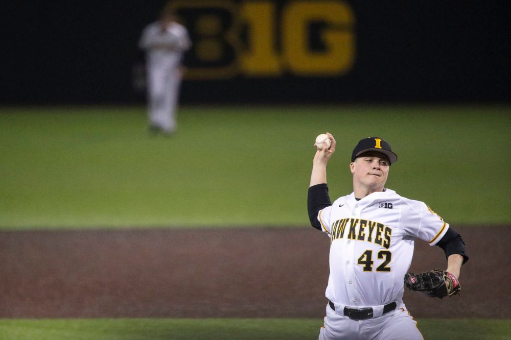 Iowa pitcher Trace Hoffman at game 1 vs Rutgers on Friday, April 5, 2019 at Duane Banks Field. (Lily Smith/hawkeyesports.com)