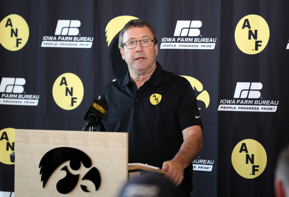 Iowa Farm Bureau Executive Director Joe Johnson addresses the media Tuesday, October 8, 2019 at the Hansen Football Performance Center. (Brian Ray/hawkeyesports.com)