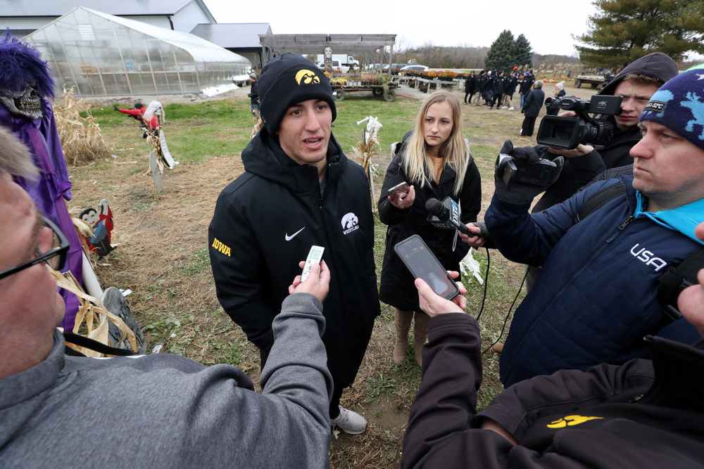 All American Michael Kemerer answers questions from reporters during the teamÕs annual media day Wednesday, October 30, 2019 at Kroul Family Farms in Mount Vernon. (Brian Ray/hawkeyesports.com)