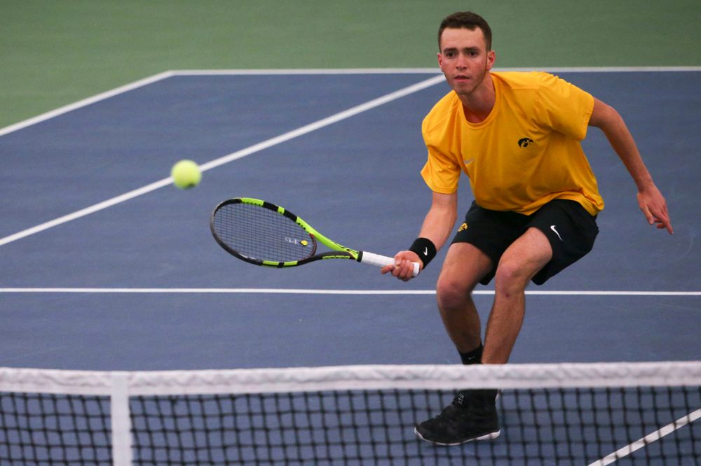 Iowa's Kareem Allaf at a tennis match vs Drake Friday, March 8, 2019 at the Hawkeye Tennis and Recreation Complex. (Lily Smith/hawkeyesports.com)