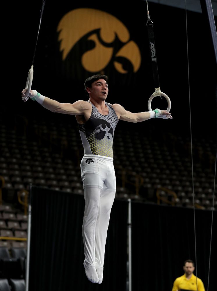 Iowa’s Brandon Wong competes on the rings against Illinois Sunday, March 1, 2020 at Carver-Hawkeye Arena. (Brian Ray/hawkeyesports.com)