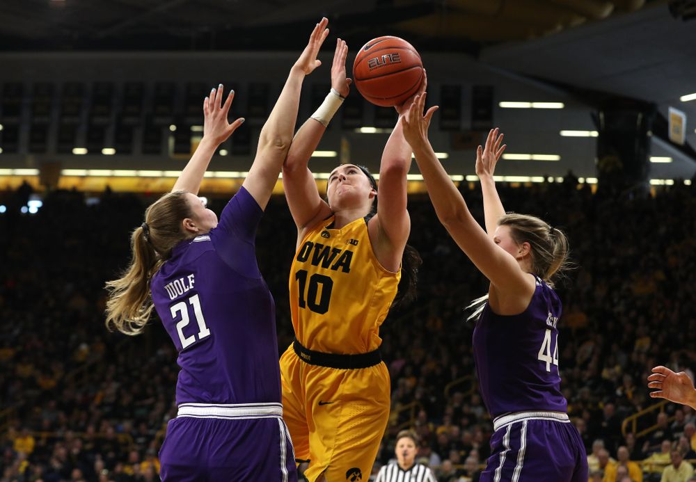 Iowa Hawkeyes forward Megan Gustafson (10) against the Northwestern Wildcats Sunday, March 3, 2019 at Carver-Hawkeye Arena. (Brian Ray/hawkeyesports.com)