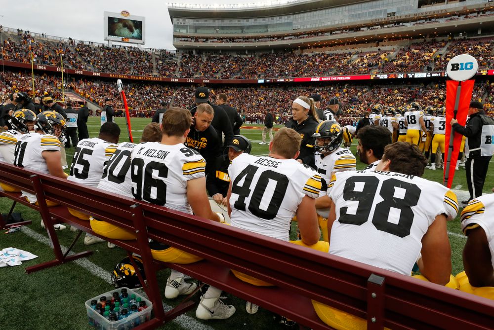 Iowa Hawkeyes defensive line coach Reese Morgan against the Minnesota Golden Gophers Saturday, October 6, 2018 at TCF Bank Stadium. (Brian Ray/hawkeyesports.com)