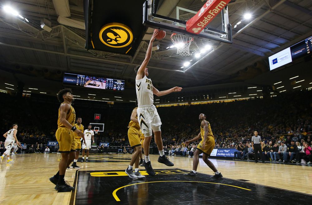 Iowa Hawkeyes forward Luka Garza (55) goes up for a layup during a game against Alabama State at Carver-Hawkeye Arena on November 21, 2018. (Tork Mason/hawkeyesports.com)