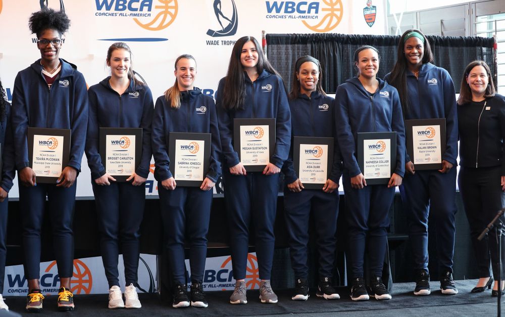 Iowa Hawkeyes forward Megan Gustafson (10) is announced as a WBCA All American Wednesday, April 4, 2018 at Amalie Arena in Tampa, FL. (Brian Ray/hawkeyesports.com)
