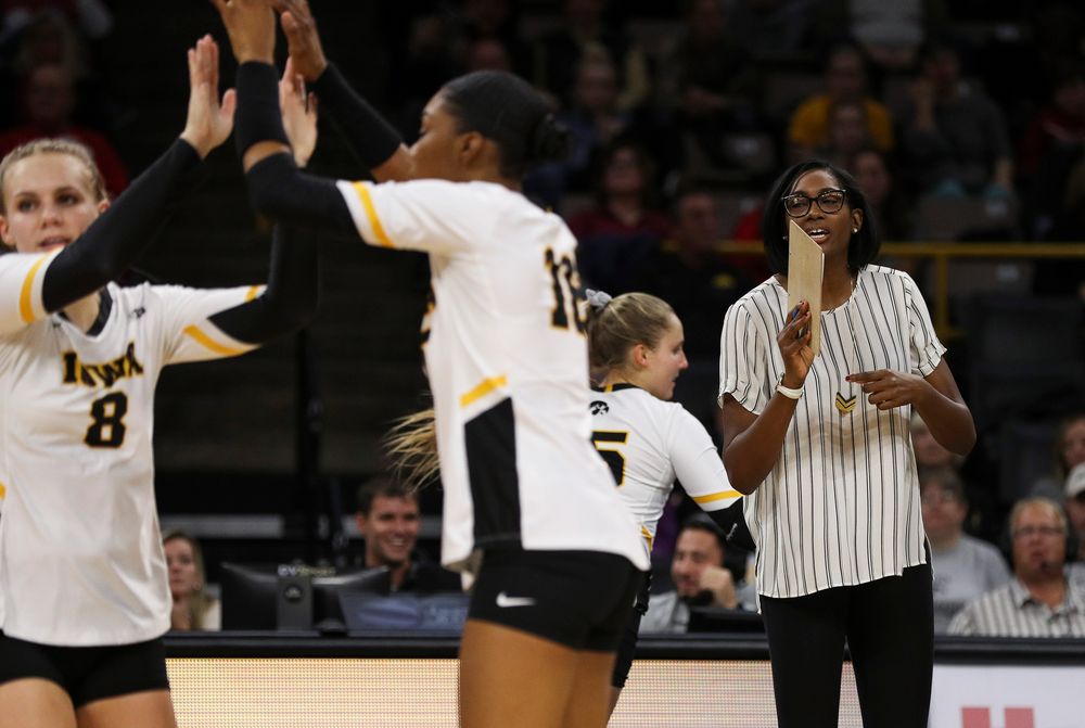 Iowa Hawkeyes associate head coach Vicki Brown gives instructions between points during a match against Nebraska at Carver-Hawkeye Arena on November 7, 2018. (Tork Mason/hawkeyesports.com)