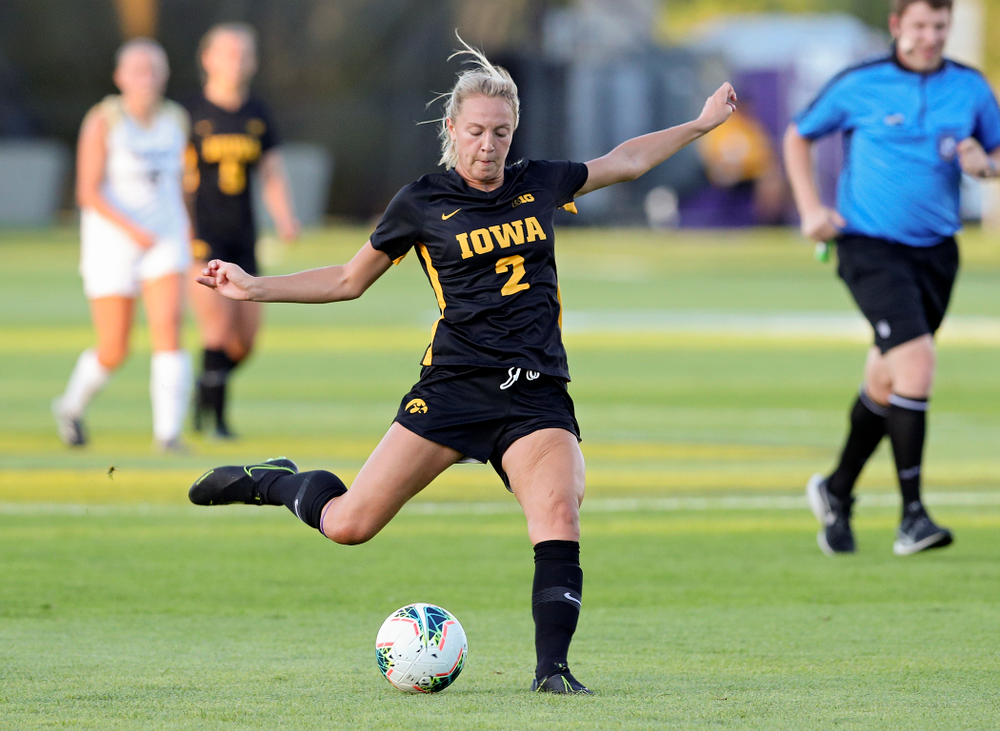 Iowa midfielder Hailey Rydberg (2) lines up a shot during the first half of their match against Western Michigan at the Iowa Soccer Complex in Iowa City on Thursday, Aug 22, 2019. (Stephen Mally/hawkeyesports.com)