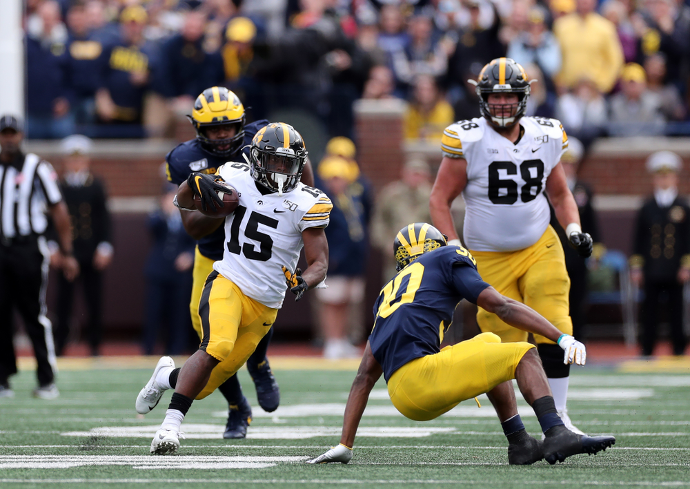 Iowa Hawkeyes running back Tyler Goodson (15) against the Michigan Wolverines Saturday, October 5, 2019 at Michigan Stadium in Ann Arbor, MI. (Brian Ray/hawkeyesports.com)