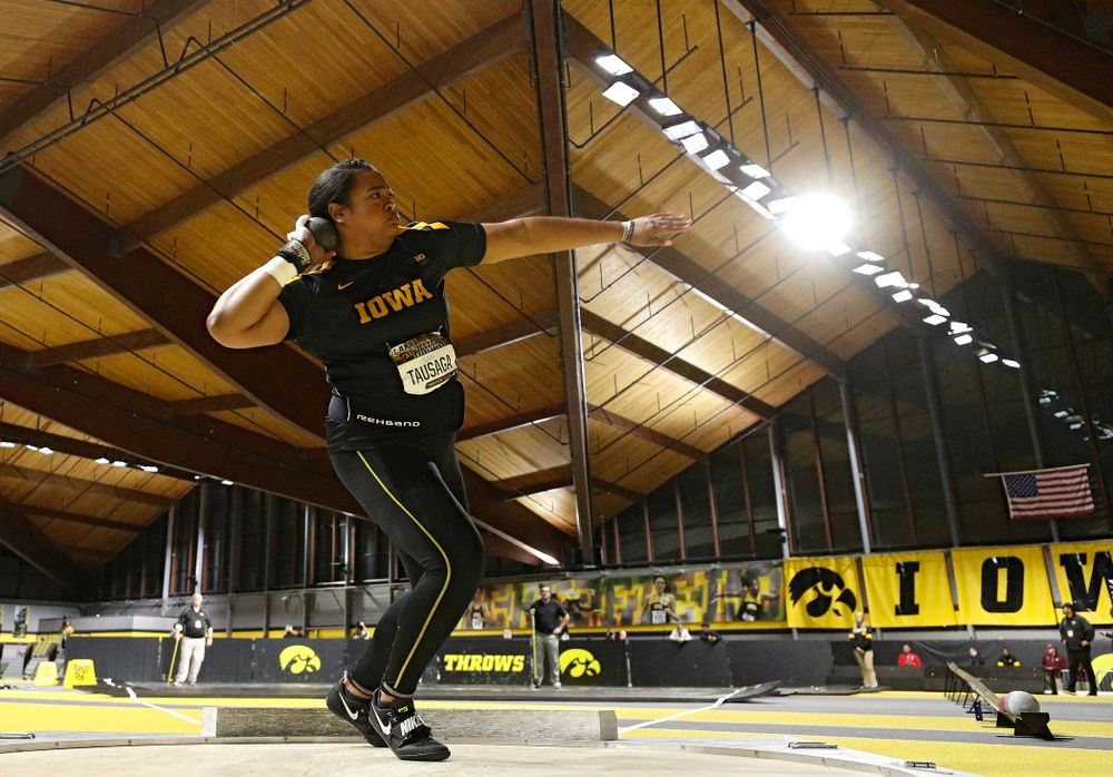 Iowa’s Laulauga Tausaga throws in the women’s shot put premier event during the Larry Wieczorek Invitational at the Recreation Building in Iowa City on Friday, January 17, 2020. (Stephen Mally/hawkeyesports.com)