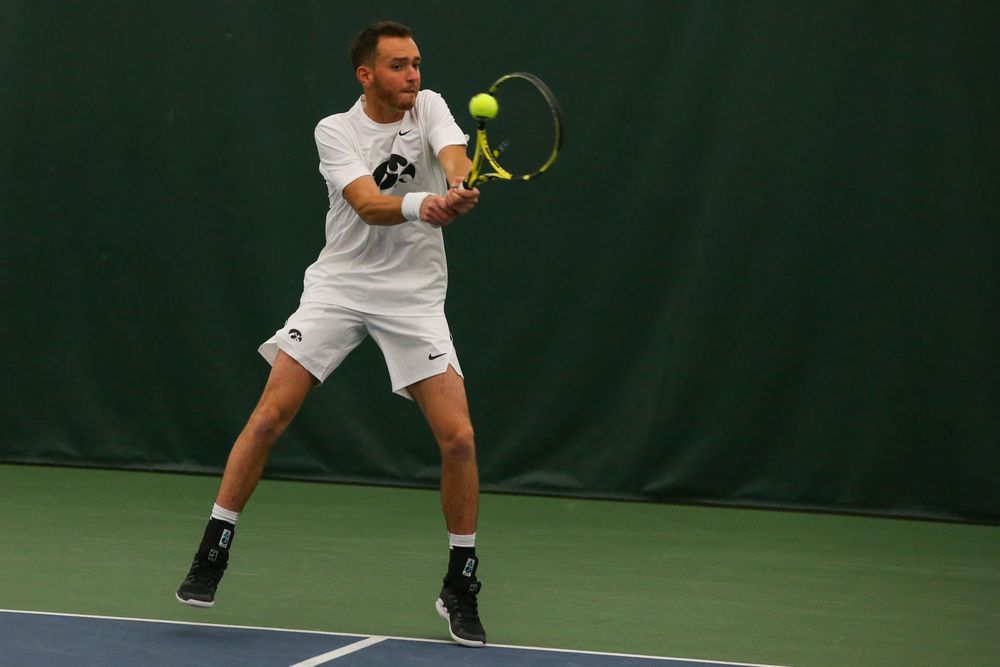 Iowa’s Kareem Allaf hits a forehand during the Iowa men’s tennis match vs Western Michigan on Saturday, January 18, 2020 at the Hawkeye Tennis and Recreation Complex. (Lily Smith/hawkeyesports.com)