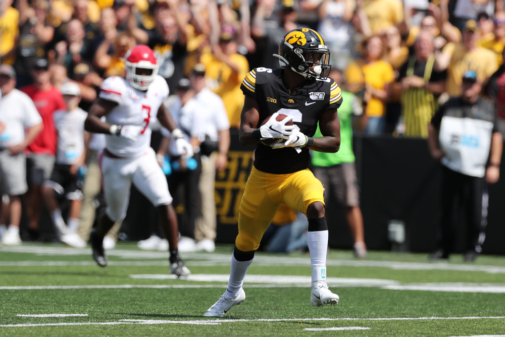 Iowa Hawkeyes wide receiver Ihmir Smith-Marsette (6) scores a touchdown against the Rutgers Scarlet Knights Saturday, September 7, 2019 at Kinnick Stadium. (Brian Ray/hawkeyesports.com)