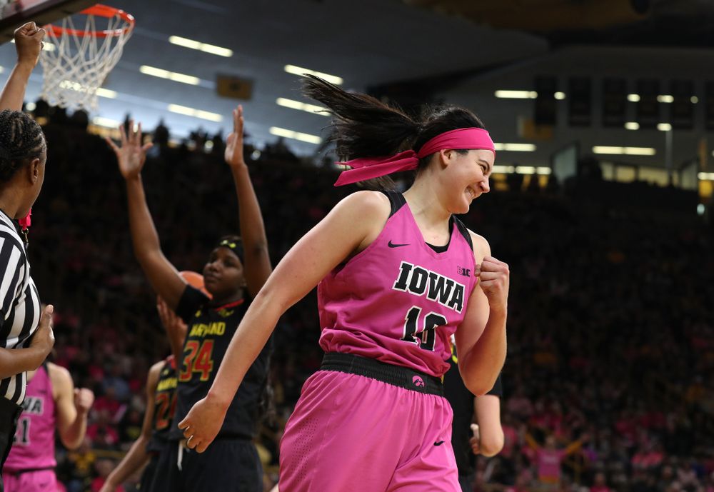 Iowa Hawkeyes forward Megan Gustafson (10) against the seventh ranked Maryland Terrapins Sunday, February 17, 2019 at Carver-Hawkeye Arena. (Brian Ray/hawkeyesports.com)
