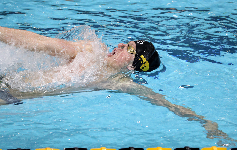 IowaÕs John Colin swims the backstroke leg of the 200 Medley Relay against Notre Dame and Illinois Saturday, January 11, 2020 at the Campus Recreation and Wellness Center. (Brian Ray/hawkeyesports.com)